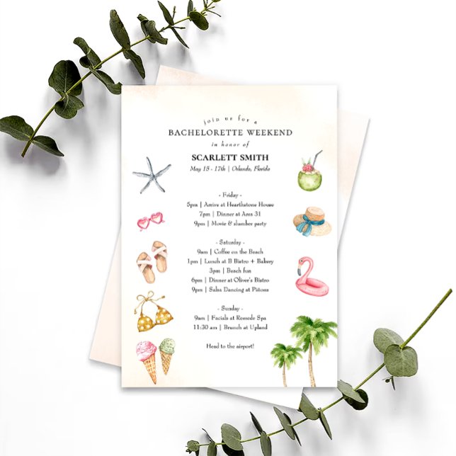 Invitation Itinéraire de week-end de bachelorette sur une pla (Créateur téléchargé)