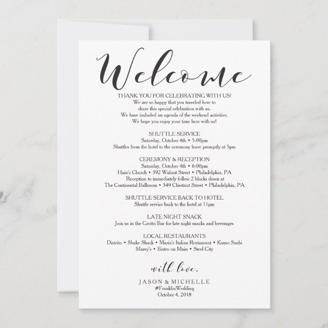 Invitation Itinéraire du Mariage de calligraphie - Bienvenue  (Devant)