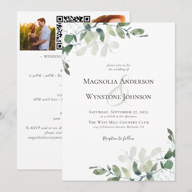 Invitation Itinéraire du Mariage photo du code QR d'Eucalyptu (Devant / Derrière)