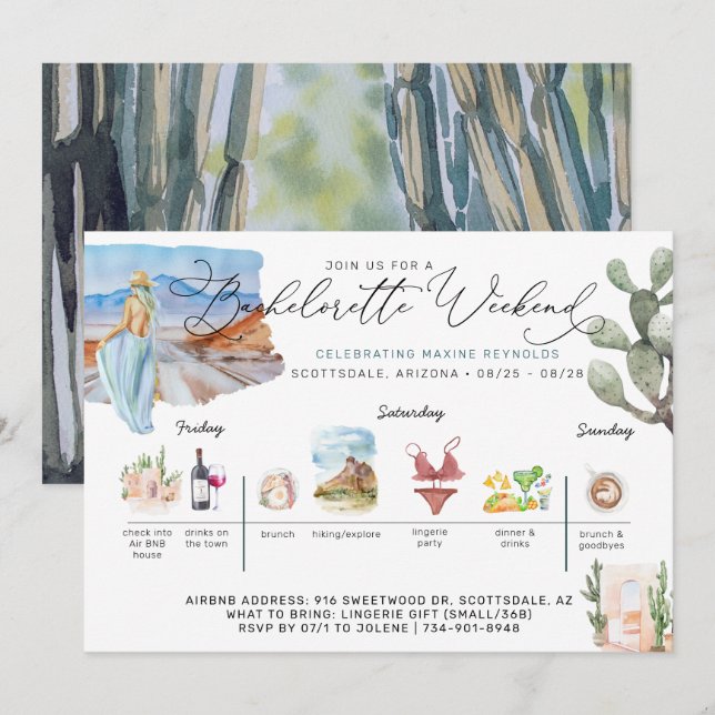 Invitation Itinéraire du week-end de bachelorette | Cactus du (Devant / Derrière)