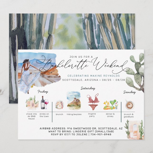 Invitation Itinéraire du week-end de bachelorette | Cactus du (Devant / Derrière)