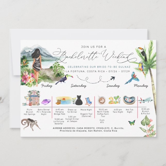 Invitation Itinéraire du week-end de bachelorette | Costa Ric (Devant)