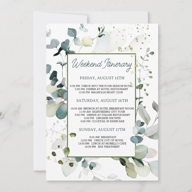 Invitation Itinéraire du week-end de Bachelorette Eucalyptus  (Devant)