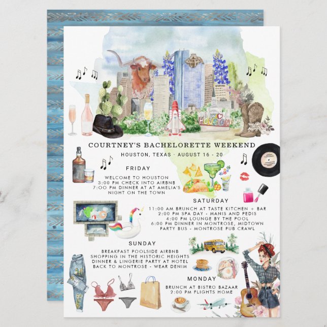 Invitation Itinéraire du week-end de bachelorette | Houston,  (Devant / Derrière)