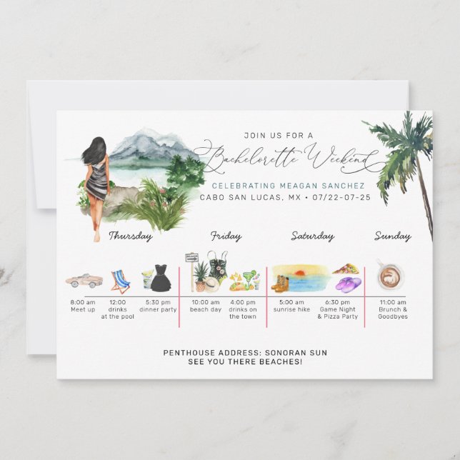 Invitation Itinéraire du week-end de bachelorette | Palme tro (Devant)