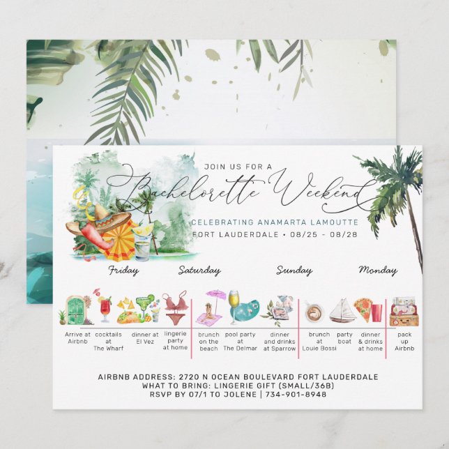 Invitation Itinéraire du week-end de bachelorette | Palme tro (Devant / Derrière)