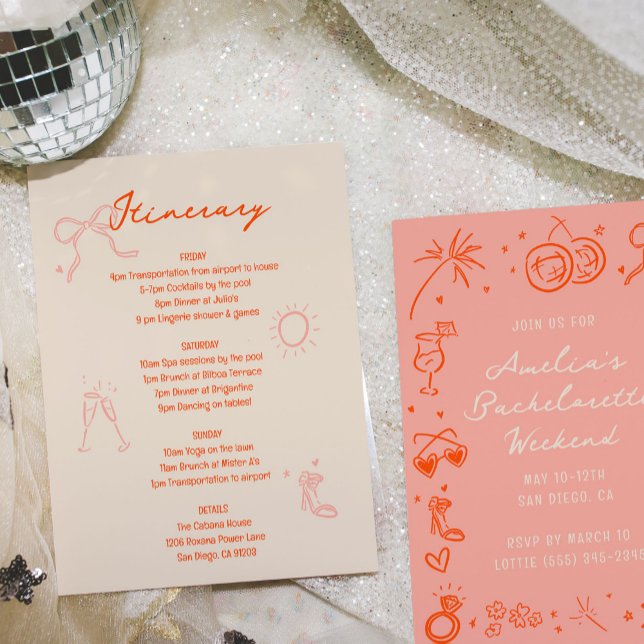 Invitation Itinéraire du week-end de bachelorette rose et rou (Pink and red hand drawn sketch girly icon illustrations bachelorette party invitations and itinerary)