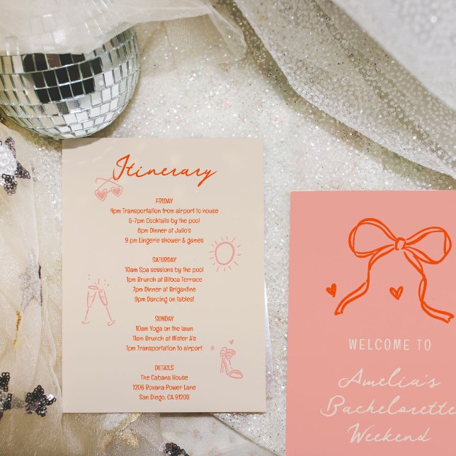 Invitation Itinéraire du week-end de bachelorette rose et rou (Pink and red sketch illustrations bachelorette party weekend itinerary and welcome card.)