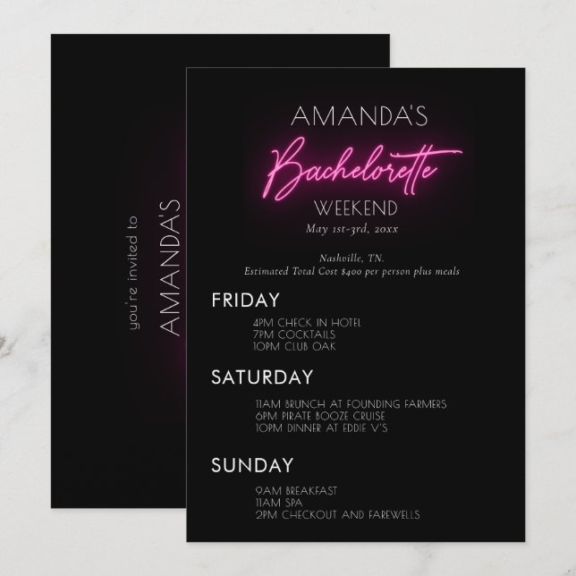 Invitation Itinéraire du week-end de néon rose Bachelorette (Devant / Derrière)