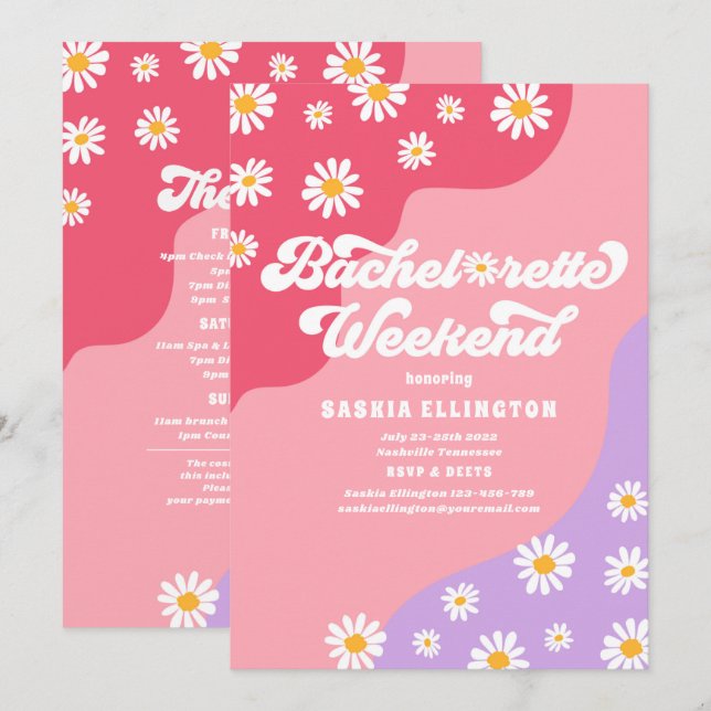 Invitation Itinéraire du week-end les années 70 bachelorette  (Devant / Derrière)