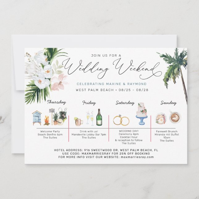 Invitation Itinéraire du week-end mariage | Plage tropicale (Devant)