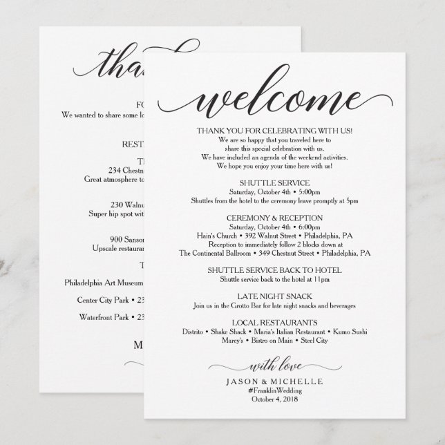 Invitation Itinéraire Mariage à deux côtés - Accueil Mariage (Devant / Derrière)