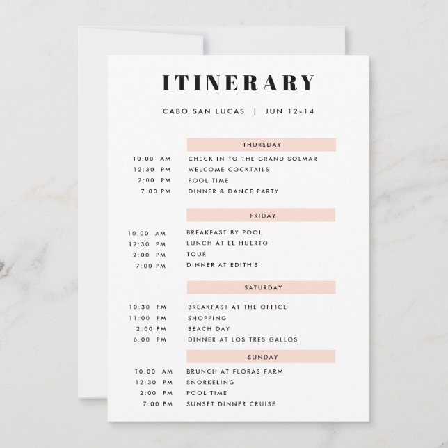 Invitation Itinéraire Simple Blush de 4 jours (Devant)