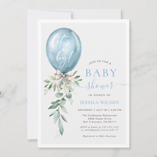 Invitation It's A Boy Blue Balloon Bow Greenery Baby Shower (Devant)