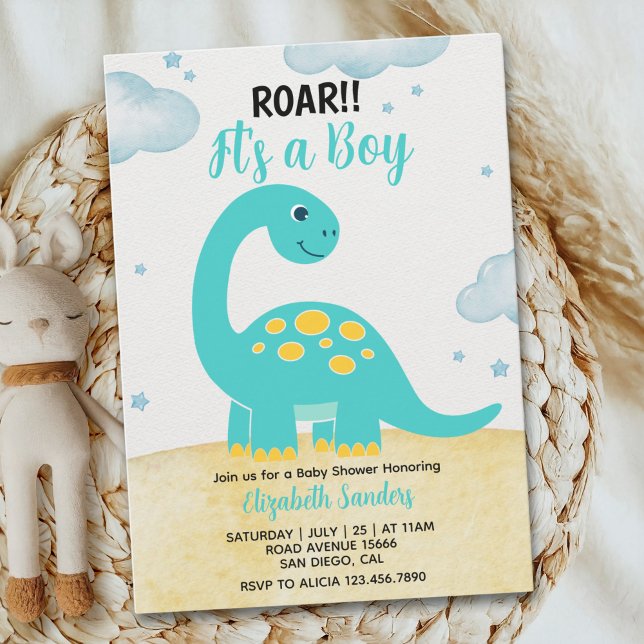 Invitation It's a Boy, Cute Watercolor Dinosaur Baby shower  (Créateur téléchargé)