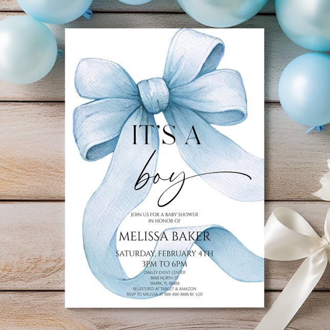 Invitation It's A Boy Elegant Blue Bow Baby Shower (Créateur téléchargé)