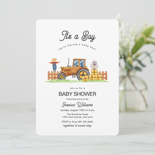 Invitation It's A Boy Framer Tractor Baby Shower  (Debout devant)