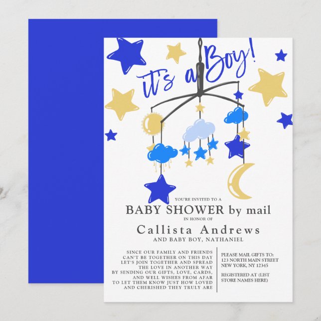 Invitation It's a Boy Moon Stars Mobile Baby Shower By Mail (Devant / Derrière)