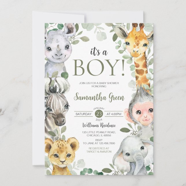 Invitation  It's a Boy Safari Baby Shower (Devant)