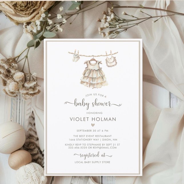 Invitation Its a Girl Clothes Minimalist Boho Baby Shower  (Créateur téléchargé)