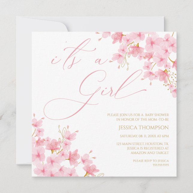 Invitation i'ts a Girl Floral Baby Shower Cherry Blossom (Devant)