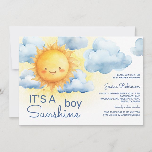 Invitation It's a Sunshine Boy Baby Shower (Devant)