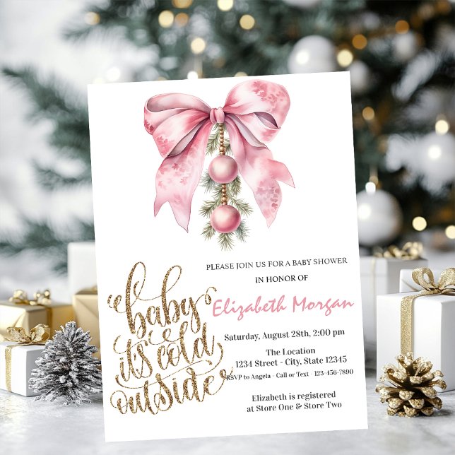 Invitation It's Cold Pink Bow Christmas Balls Baby Shower   (Créateur téléchargé)