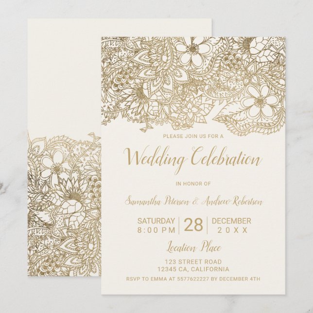 Invitation Ivoire beige or floral typographie chic mariage (Devant / Derrière)