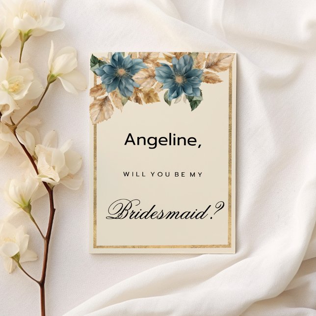 Invitation Ivoire bleu doré automne ressort floral Bridesmaid (Blue ivory gold fall spring floral Bridesmaid )