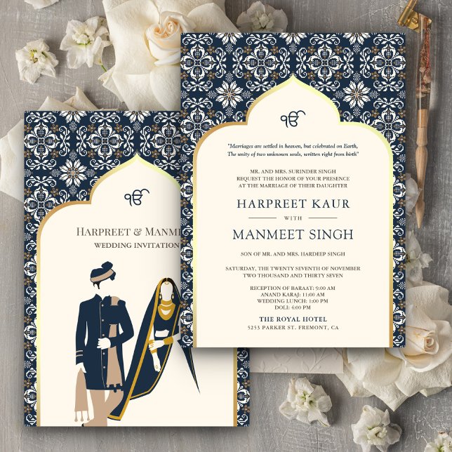 Invitation Ivoire Bleu Nuit Motif Anand Karaj Mariage Sikh (Créateur téléchargé)