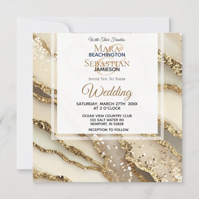 Invitation *~*IVOIRE D'OR Marbre D'OR RSVP AR66 QR Mariage (Devant)