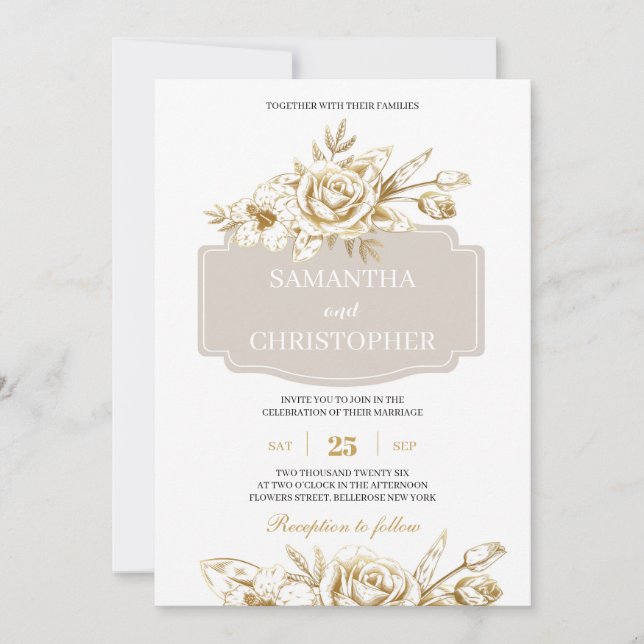 Invitation Ivoire et or rose rustique chic mariage (Devant)