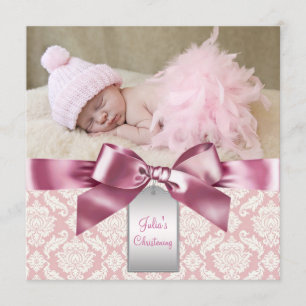 Invitation Ivoire et rose damas bébé fille photo baptême