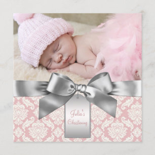 Invitation Ivoire et rose damas bébé fille photo baptême