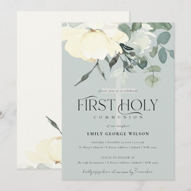 INVITATION IVOIRE GRIS AQUA BLANC PREMIÈRE COMMUNION FLORALE  (Devant / Derrière)