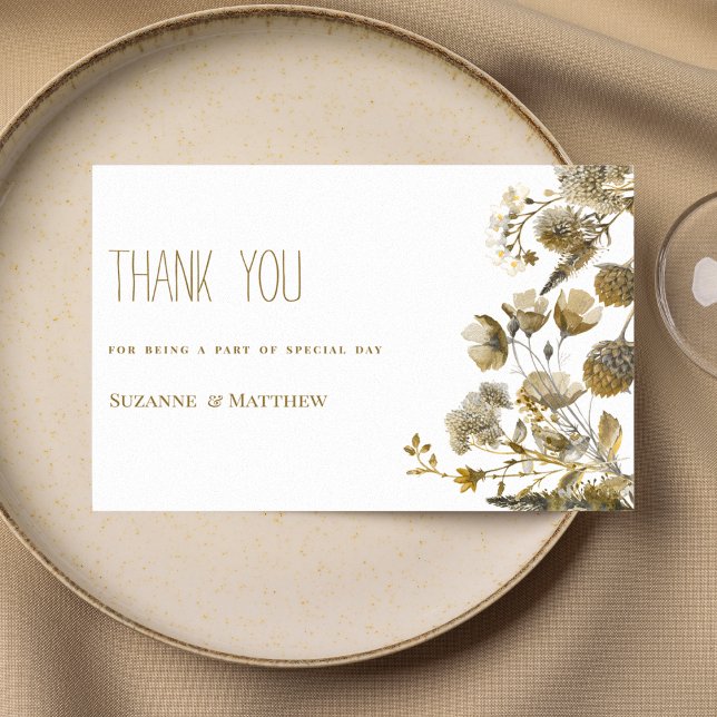 Invitation Ivoire jaune foncé blanc brun Merci floral (Dark yellow ivory white brown floral Thank You)