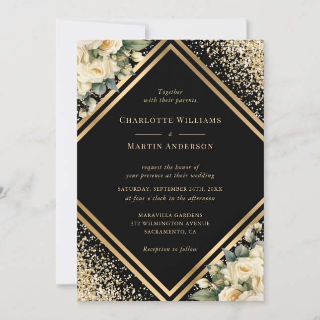 Invitation Ivoire Noir Confetti Mariage floral géométrique (Devant)