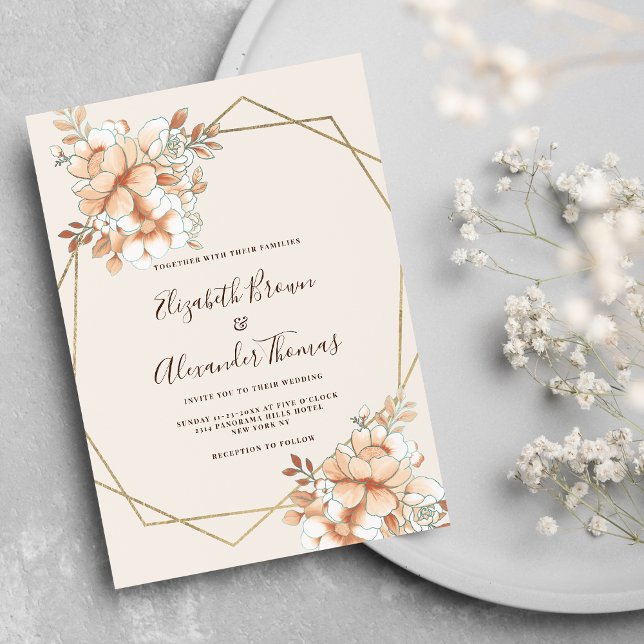 Invitation Ivoire orange blanc d'or terrarium mariage floral (Ivory orange white gold terrarium floral wedding)