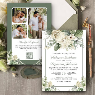Invitation Ivoire Rose Vert Sauge Floral Code QR Photo Mariag