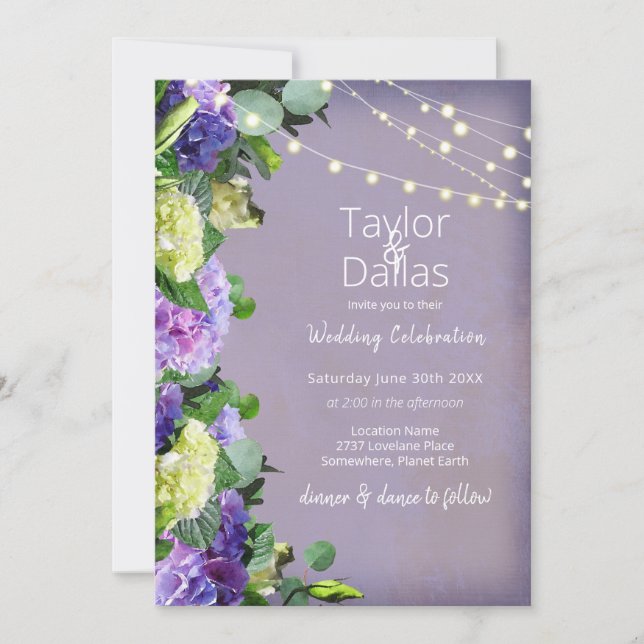 Invitation Ivoiriens et hydrangeas pourpres | Mariage violet (Devant)