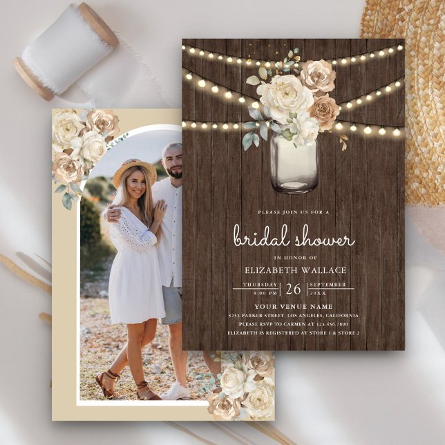 Invitation Ivory Beige Floral Mason Jar Fête des mariées phot (Créateur téléchargé)