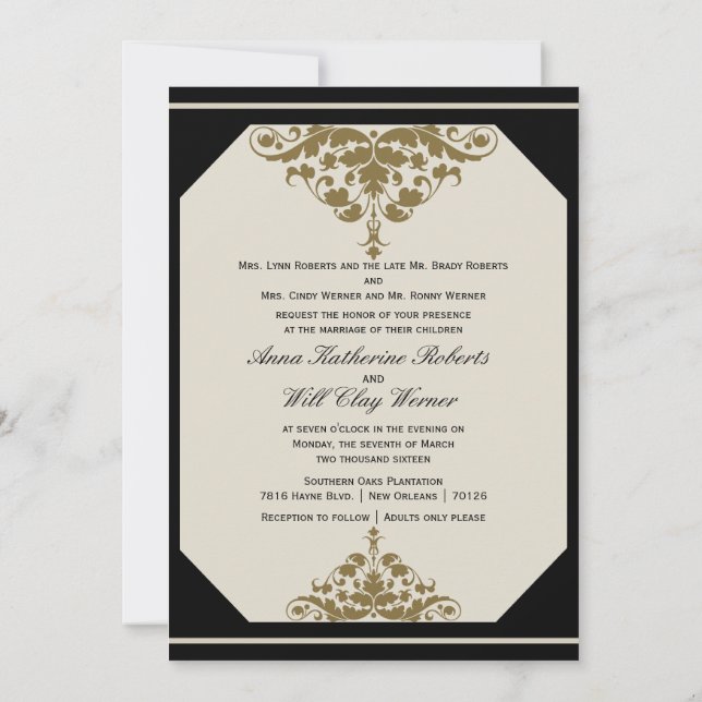 Invitation Ivory Black et Gold Mariage damassé (Dos)