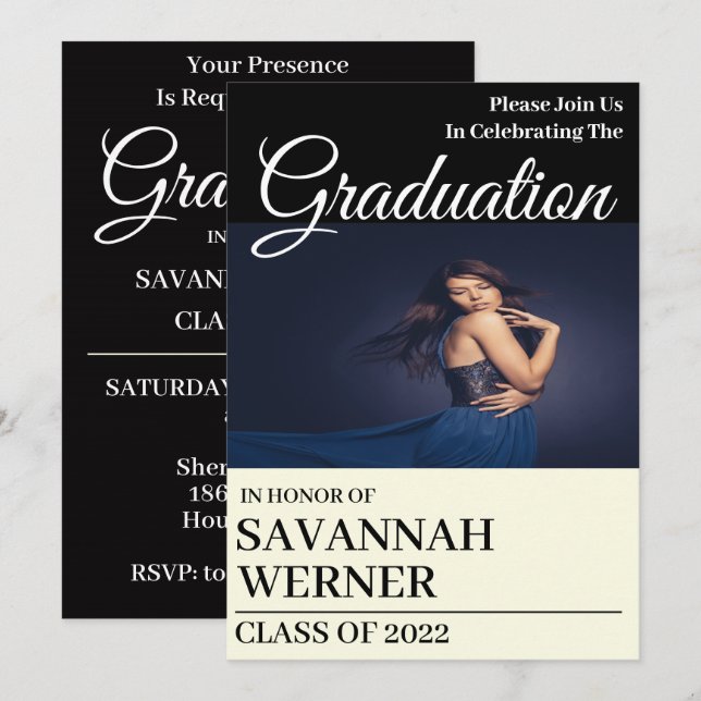 Invitation Ivory & Black Photo Graduation Party (Devant / Derrière)