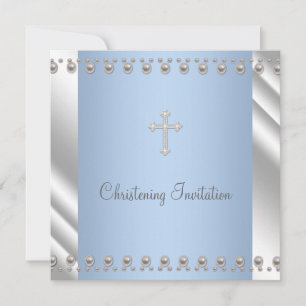 Invitation Ivory Blue Pearl Cross Boy Christening