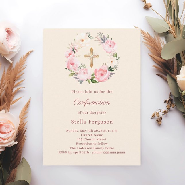 Invitation Ivory blush florals cross Confirmation (Créateur téléchargé)