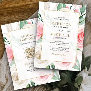 Invitation Ivory Blush rose Floral Cadre or QR Code Mariage