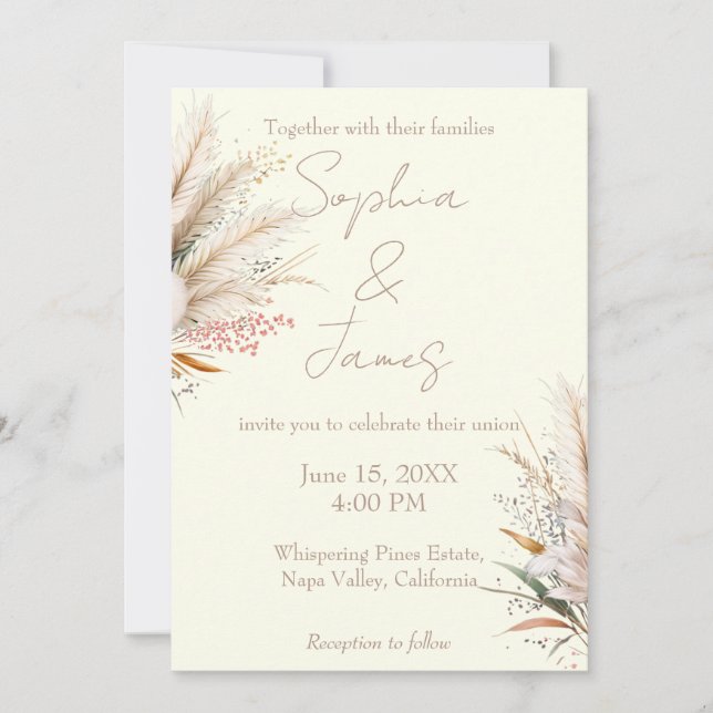 Invitation Ivory Boho Pampas Mariage en herbe (Devant)