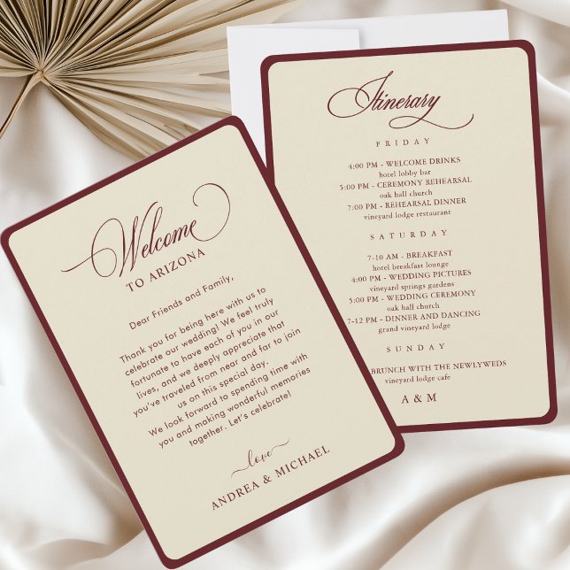 Invitation Ivory Burgundy Border Retro Wedding Itinerary Card (Créateur téléchargé)