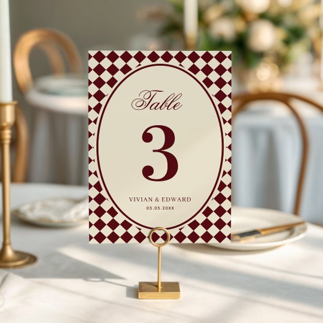Invitation Ivory & Burgundy Checkered Wedding Table Number (Créateur téléchargé)