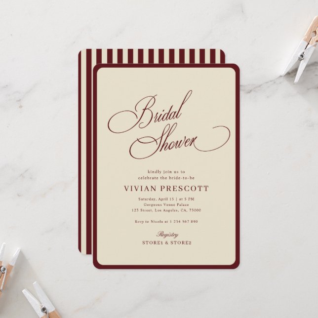 Invitation Ivory Burgundy Stripes Border Retro Bridal Shower (Devant/Arrière en situation)